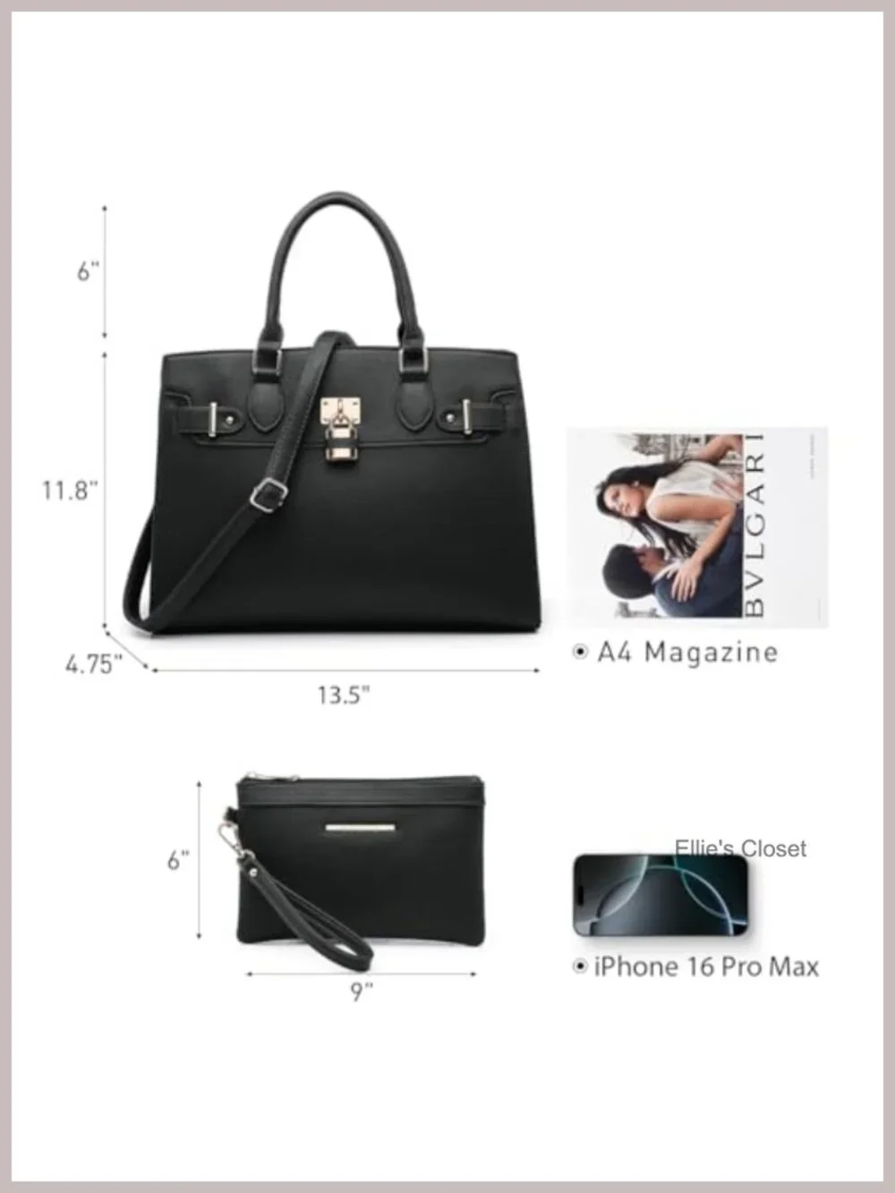 Vegan Leather Satchel Tote with Matching Clutch, Gold Hardware, Work Bag